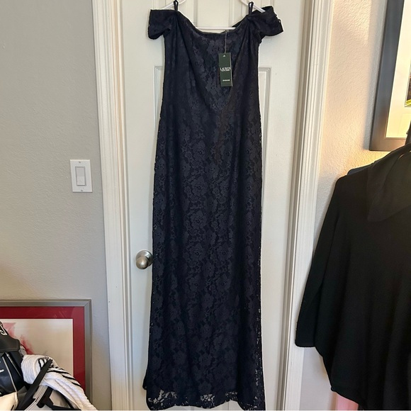 NWT Lauren Ralph Lauren Luiana Lace Off-Shoulder Navy Blue Evening Dress - Picture 3 of 14